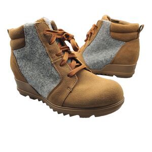 Sorel Evie ankle Boots tan Gray Suede Felt inner wedge lace up Sz 7 EU 38 new